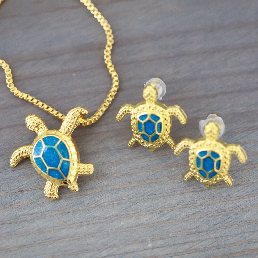 Blue Turtle 18k Gold Plated Jewelry Set Necklace/Earrings
